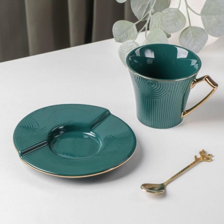 Tea couple ceramic "Elizabeth", 3 objects: a cup 240 ml, a saucer d = 13.5 cm, a spoon, the color is green-1