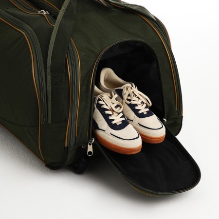 Road bag on wheels, a lightning department, shoes, 3 outer pockets, long belt, khaki color-4