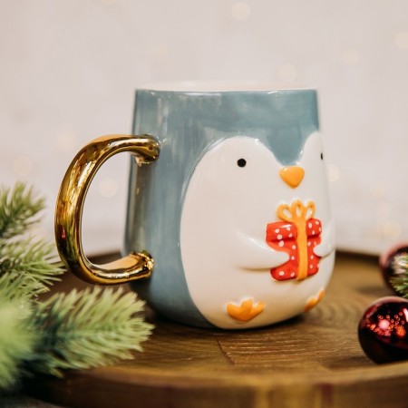 New Year! New Year's ceramic Penguin mug, 600 ml, blue color-8