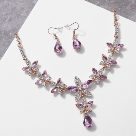 Set 2 objects: earrings, necklace "magnificent eyelids" flowers, pink color in gold, 42 cm