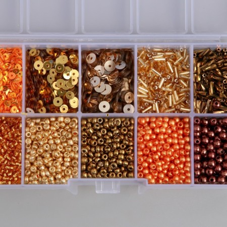 Glass beads 8/0, 12/0 in the box "gold" beads, glass and sequins 13x6.5x2.3 cm-1