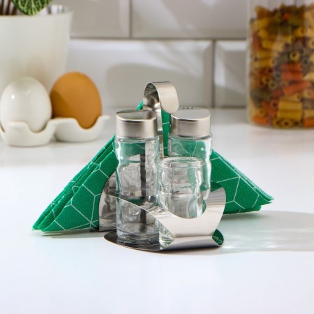 Glass set for spices on a stand, 4 items: a solo, a lists, a napkin, a capacity for toothpicks-1