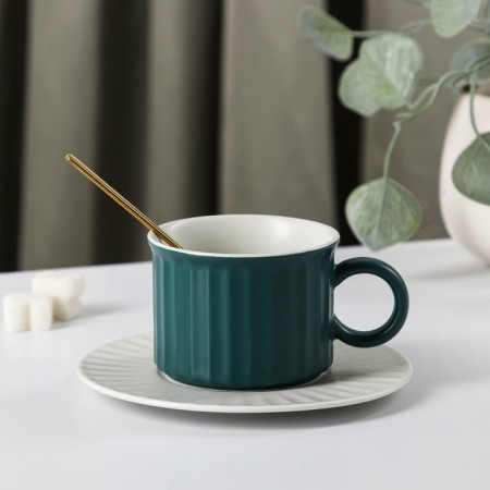 Tea couple ceramic "Profitrol", 3 objects: a cup 180 ml, a saucer d = 13.7 cm, a spoon, the color is green/white