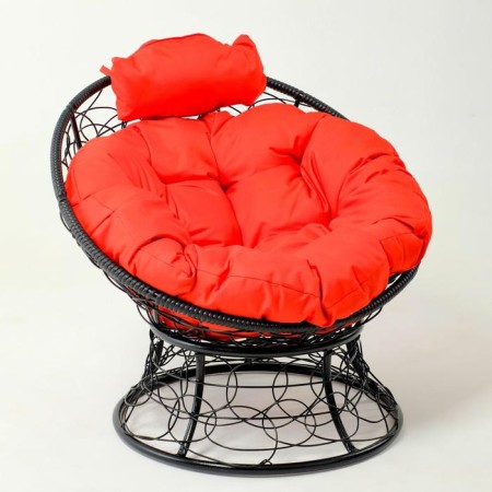 Armchair "Papasan" mini, rattan, with a red pillow, black frame, 81x68x77cm