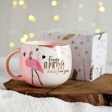 Ceramic mug “Be bright every day”, 350 ml, pink marble color-3