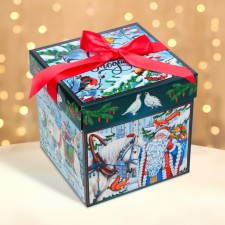 New Year. Gift box New Year's box cover is “visiting a fairy tale” with a satin ribbon 17*17*17 cm.