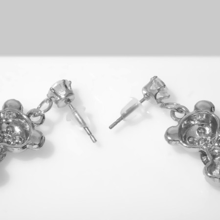 Earrings with rhinestones "bears" plush with bows, white color in silver-2
