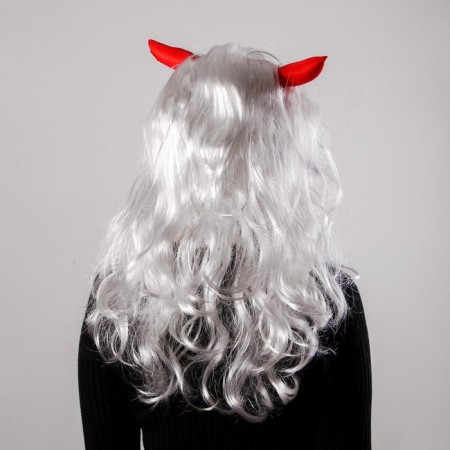Carnival wig with red horns, white color, 130 g-1