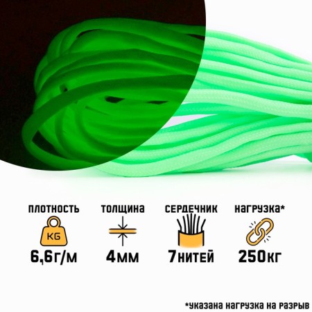 Paracord 550 glowing in the dark "Master K." 4 mm, 10 m, green
