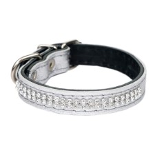 The collar is two-layer leather with rhinestones, width 1.5 cm, Osh 17-27 cm, silver