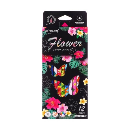 Pencils 12 colors in a cardboard box, hexagonal, wooden, flowers on a black mix-4
