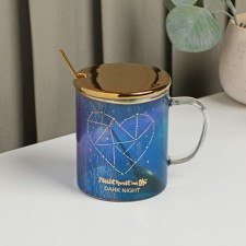 Glass mug with a ceramic lid and spoon 