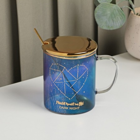 Glass mug with a ceramic lid and spoon "Constellation", 370 ml, color mix