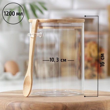 Glass Bank for bulk products with a bamboo lid and a spoon "Eco", 1.2 l, 11.5 × 10 × 16 cm-1