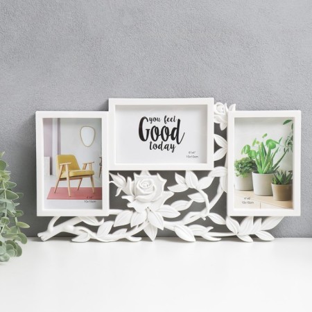 Photo frame plastic in 3 photos 10x15 cm "Rose in the leaves" white 40x21.5 cm