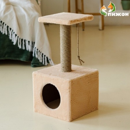 Animal house, with a clawe and shelf, jute, 32 x 32 x 64, beige-1