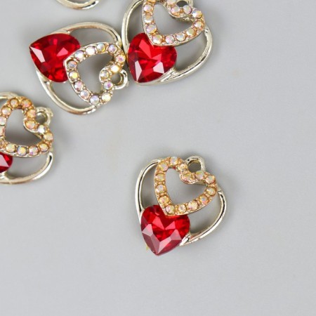 Decor for creativity metal, rhinestones "Three hearts in one" red, gold 0.8x1.6x1.7 cm