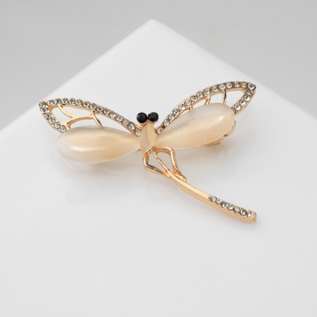 Brooch "Dragonfly" fluttering, beige color in gold