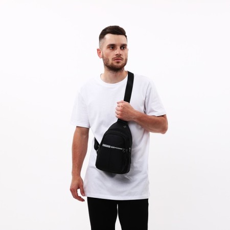 Male sling bag from textiles, headphone opening, black color-7