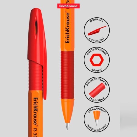 Ballpoint handle Erich Krause R-301 Orange Stick & Grip, Node 0.7 mm, red, rubber emphasis, letter line 1000 meters-1