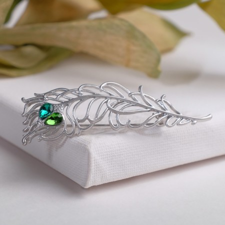 Brooch "Pen", green color in matte silver