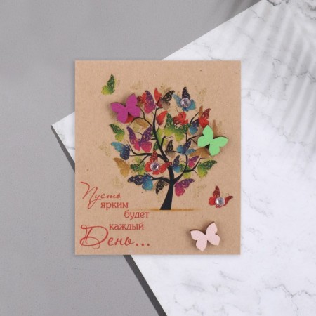 Mini-postcard "Let it be bright every day..." Dec. element, wood, butterflies, 9.5x8 cm-1