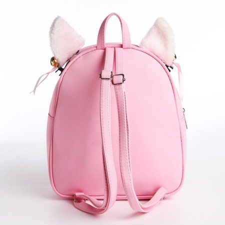 School textile backpack with ears on the hairpins "Anime", 27x23 cm, pink color-5