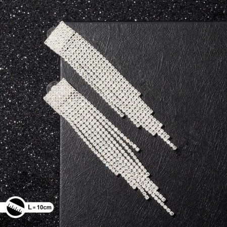 Hanging earrings with rhinestones "Waterfall" a large square, white color in silver, 10 cm