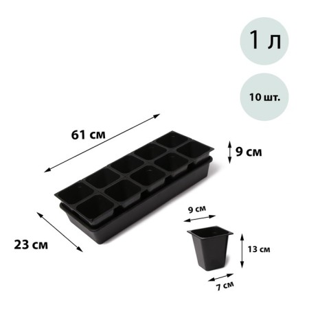 Set for seedlings: glasses of 1 l (10 pcs.), Patron 61 × 23 cm, black-5