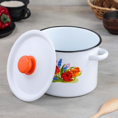 Cylindrical pan “Tulip May”, 3.5 l, enameled cover, with a button, induction, white color-1