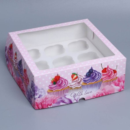 Capcake box, confectionery packaging with a window, 9 cells "Capcake", 25 x 25 x 10 cm