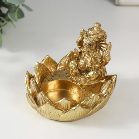 Polystone candlestick for 1 candle "Ganesha in the lotus" gold 9x8.2x7 cm-4