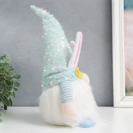 Interior light doll "Dwarf in a cap with bunny ears, sequins" Blue 30x8x8 cm-2