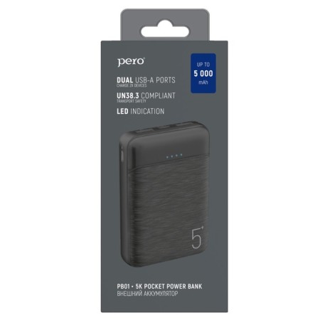 External battery PERO PB01, 5000 mAh, 2 USB, 2.1 A, indicator, black-2