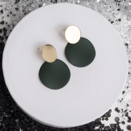 Earrings Metal "Lady" two circles, green color in gold-1