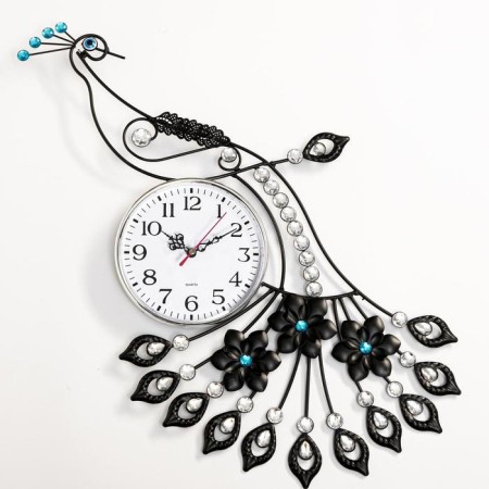 Watch walls, series: openwork, "peacock with rhinestones", smooth move, d-15 cm, 46 x 47.5 cm
