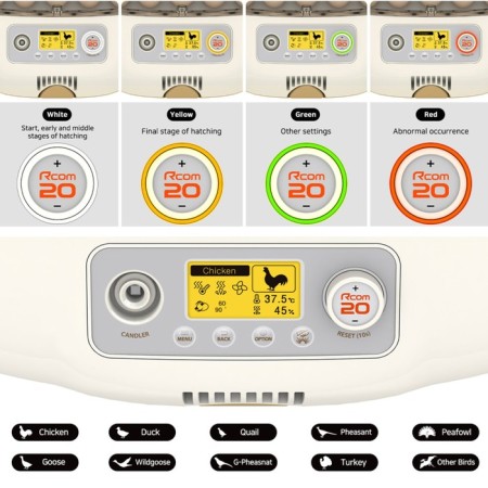 Incubator, 20 eggs, automatic coup, 65 V, with ovoscope, rcom-2