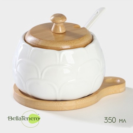 Porcelain sugar tower with a spoon on the Bellatenero bamboo stand, 350 ml, white color