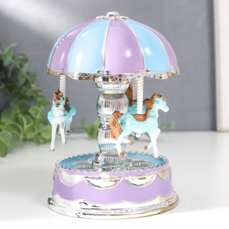 Souvenir Musical Mechanical Light "Carousel - Horses" Blue 10.5x10.5x15 cm-2