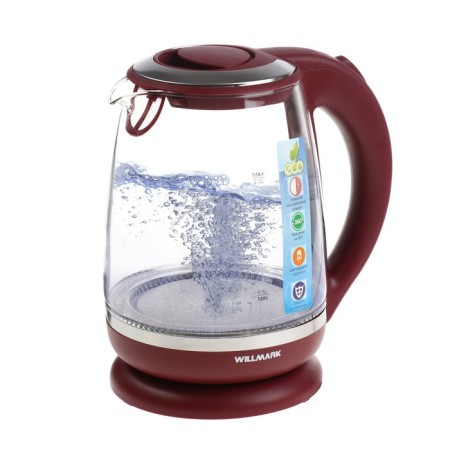 Electric kettle WillMark WEK-2005G, glass, 2 l, 2200 W, LED lighting, burgundy-1