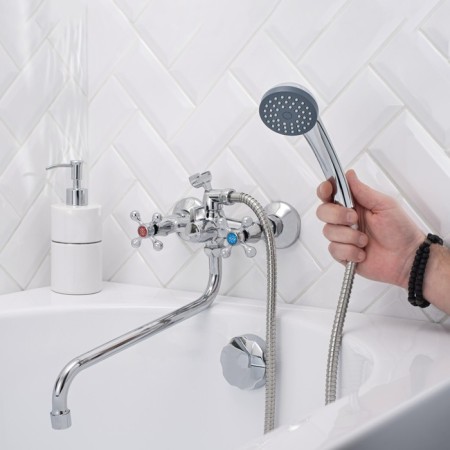 Bath mixer RMS SL71-140, two-wound, long spout, shower watering can and hose, chrome-2
