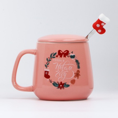 New Year. Ceramic mug with a spoon "Cozy and heat in the new year", 350 ml-1
