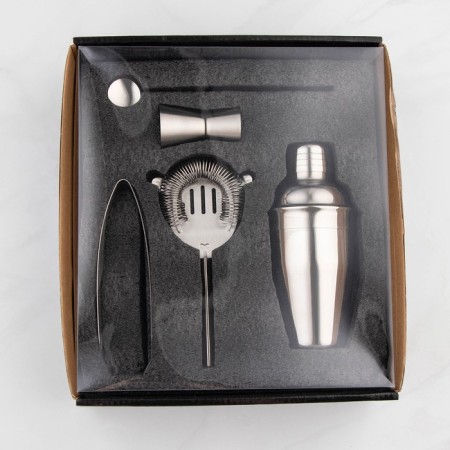 Set for the Big John Bar, 5 objects: forceps, stretcher, spoon, shaker, jigger, stainless steel-5