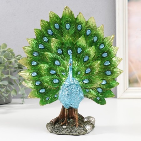 Polystone souvenir "Blue peacock with green blossomed tail in the meadow" 10.5x22x26 cm-3