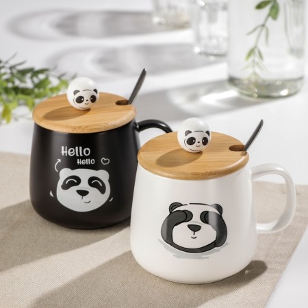 Ceramic mug with a wooden lid and spoon "Panda", 350 ml, color and pattern mix-4