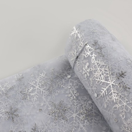 Fatin with snowflakes, with embossing, 155 cm, 11 ± 1 g/sq.m, 0.91 ± 0.1 m, white/silver color-3