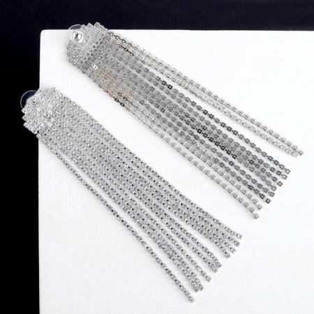 Hanging earrings with rhinestones "Waterfalls" semicircle, white color in silver, 11 cm-1
