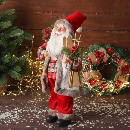 Santa Claus "in a checkered shirt, with twigs and skis" moves, 45x24 cm, red-3