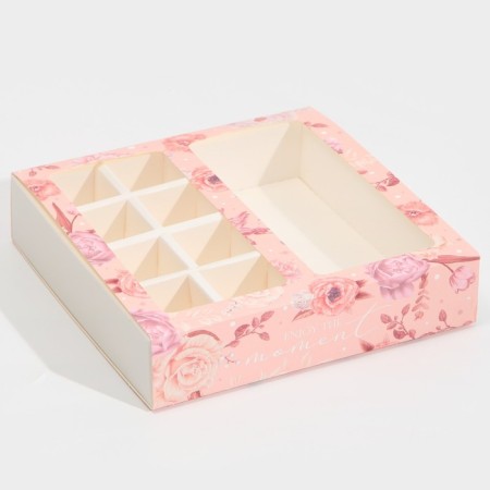 Box for 8 sweets and chocolate with cells, confectionery packaging, “pink flowers” ​​18 x 18 x 4 cm-1