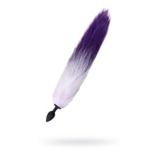 Anal plug with a white-violet tail, silicone, black color, 45 cm, d = 2.7 cm